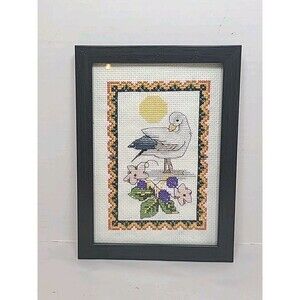 Vintage Hand Stitched Seagull Cross Stitch Framed Wood Art Cottagecore 8"x6"